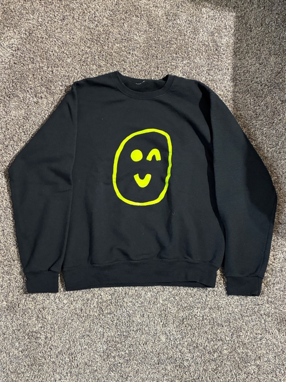 Black Crewneck Sweater with Neon Yellow Smiley Graphic